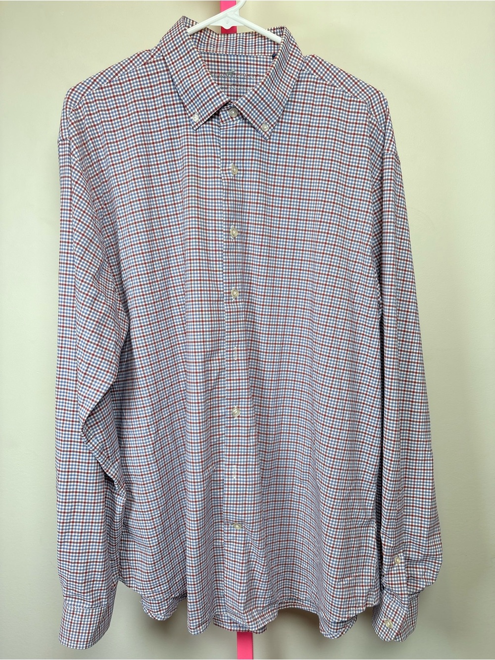 Horn Legends Men’s Long-Sleeve Micro-Check Dress Shirt in Red and Blue